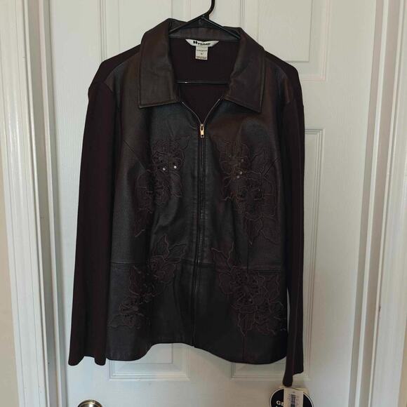 Peter Nygard Collection 1XL Brown Embroidered Leather and Knit Zip Jacket NWT - Picture 2 of 10